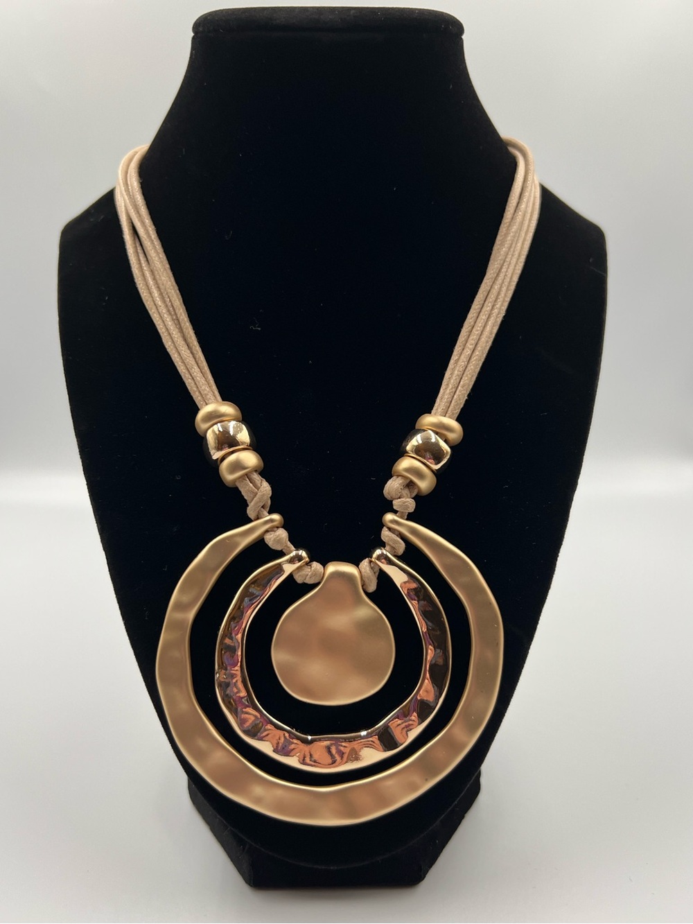 True To Form Gold Mixed Metal Concentric Circle Cord Statement Necklace NWT